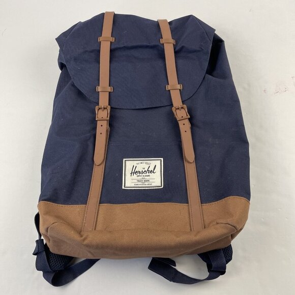 Herschel Retreat Backpack Top Load Navy Brown Canvas Padded Fleece Laptop Sleeve - Picture 1 of 10
